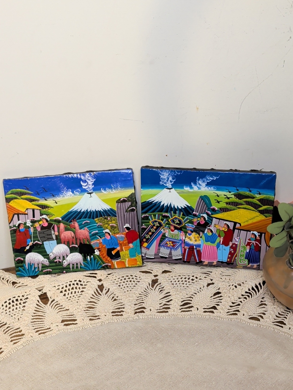 Ecuadorian Folk Art Paintings Pair Hand Painted Andean Village Textured Canvas